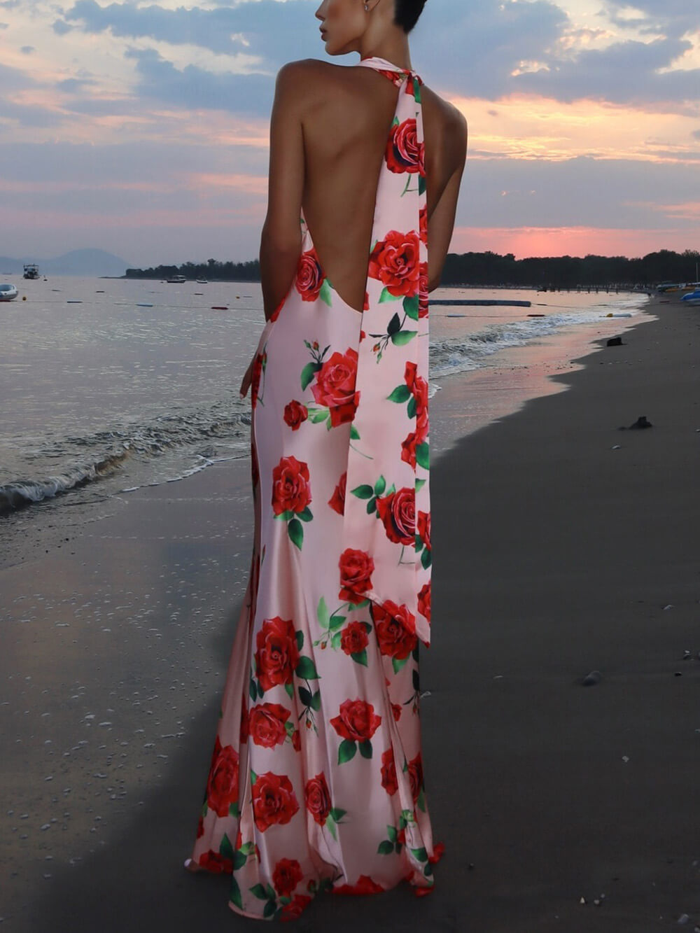 Retro Rose Print Sexy Halter Neck Strappy Backless Slim Fit Maxi Dress