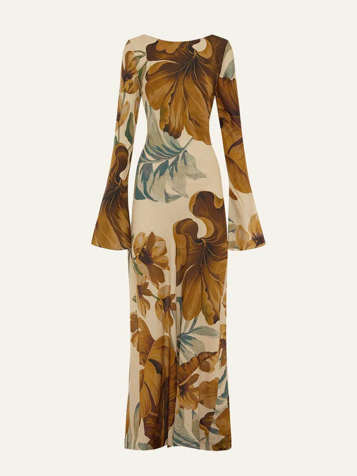 Simple Unique Plant Pattern Print Back Hollow Out Maxi Dress