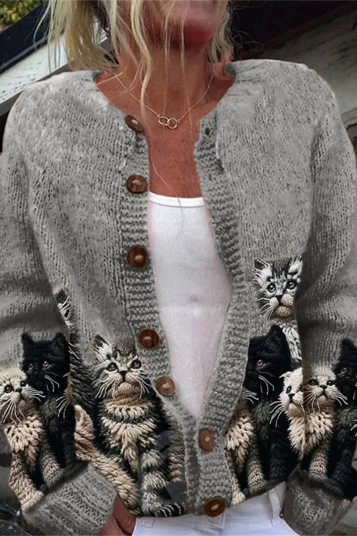Casual Fuzzy Cats Crochet Art Cozy Knit Cardigan