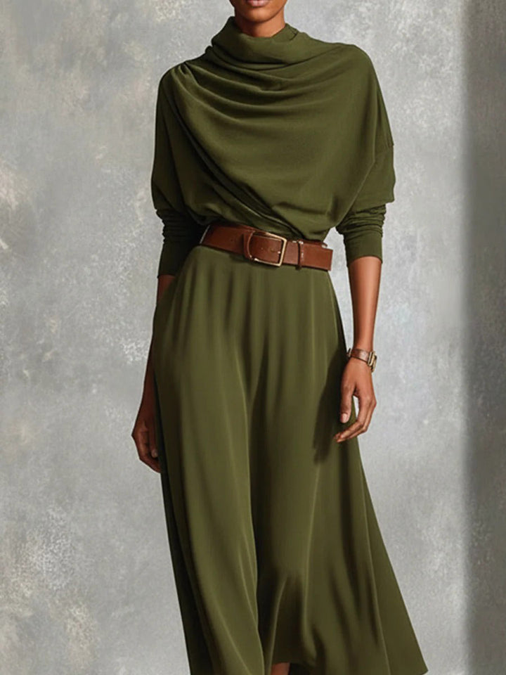 Elegant Draped Neck Knit Midi Dress