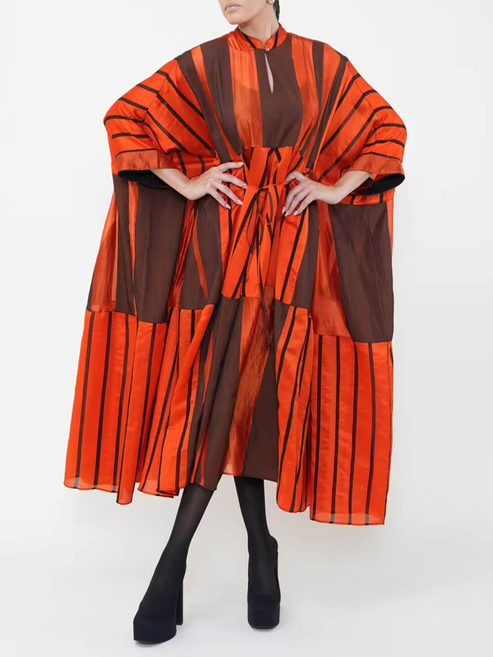 Fashion Striped Patchwork Cape-Style Tie-Up Asymmetric Midi Dress