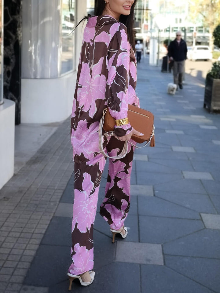 Casual Magnolia Print Elastic Waist Tie-Pocket Straight Pants