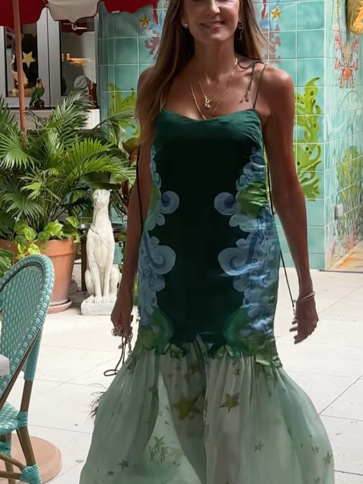 Unique Floral Print Color-block Pleated Maxi Dress