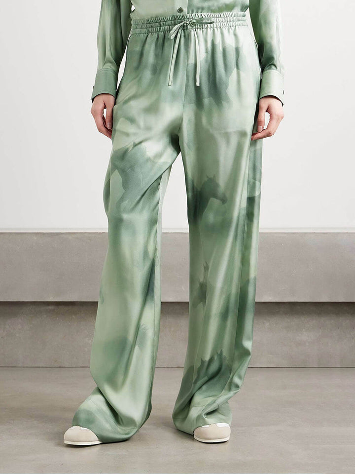 Chic Satin Oversized Printed Twill Elastic Waist Tie Pocket Pants