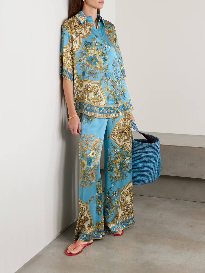 Unique Casual Floral Print Satin Elastic-Waist Pockets Wide-Leg Pants