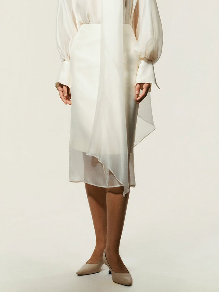 Elegant Sheer Scarf Blouse & Layered Midi Skirt Set