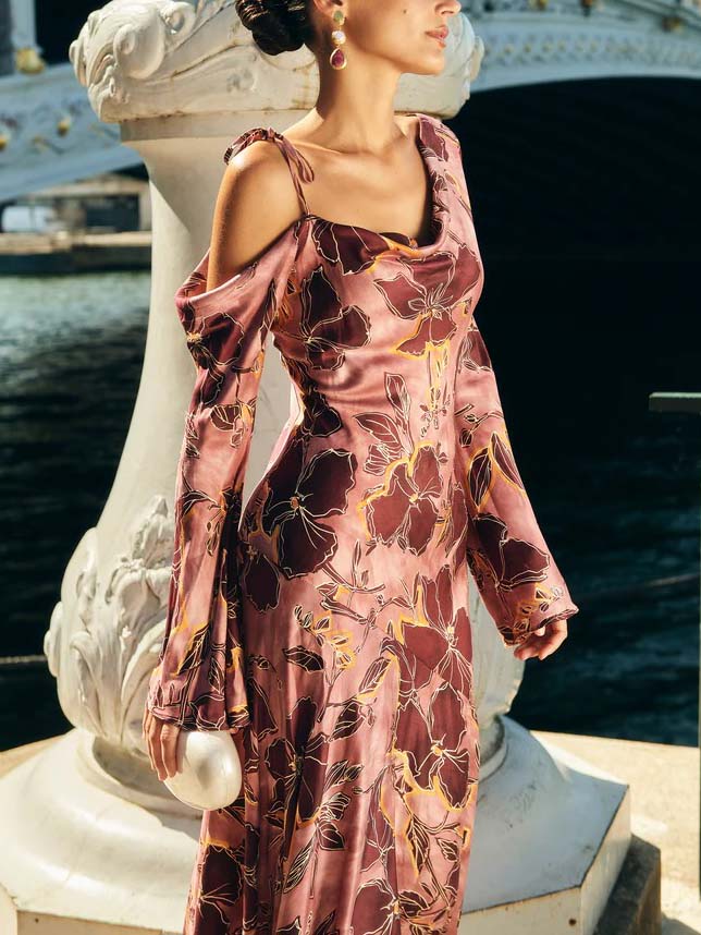 Elegant Satin Printed Bell Sleeve Maxi Dress