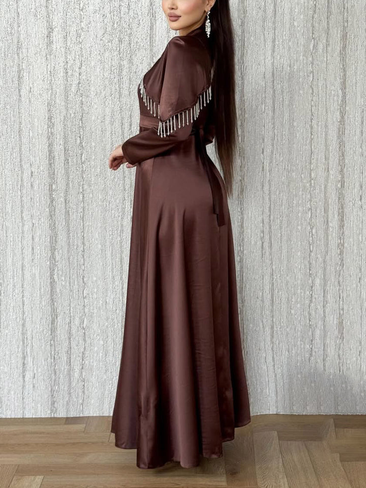 Elegant Satin Cape-Detail Long-Sleeve Maxi Dress