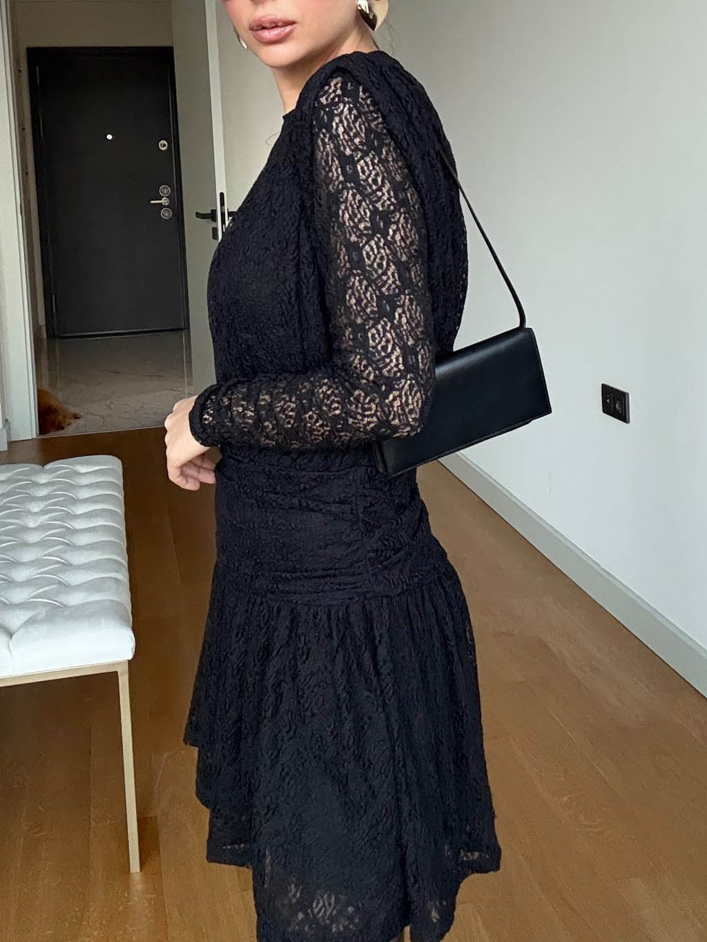 Elegant Long-sleeved Lace-textured Mini Dress