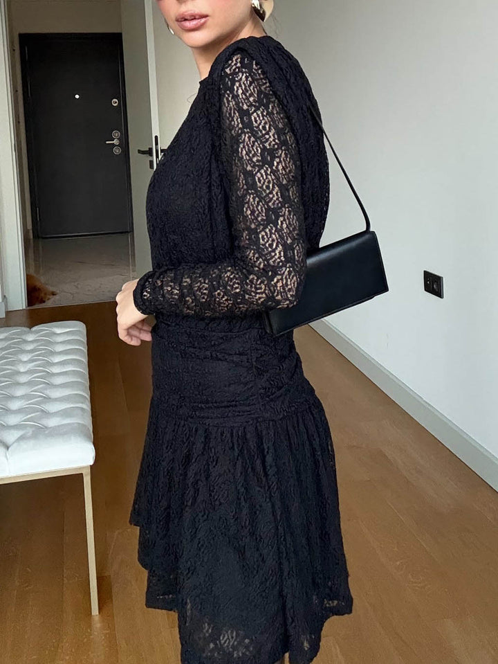 Elegant Long-sleeved Lace-textured Mini Dress