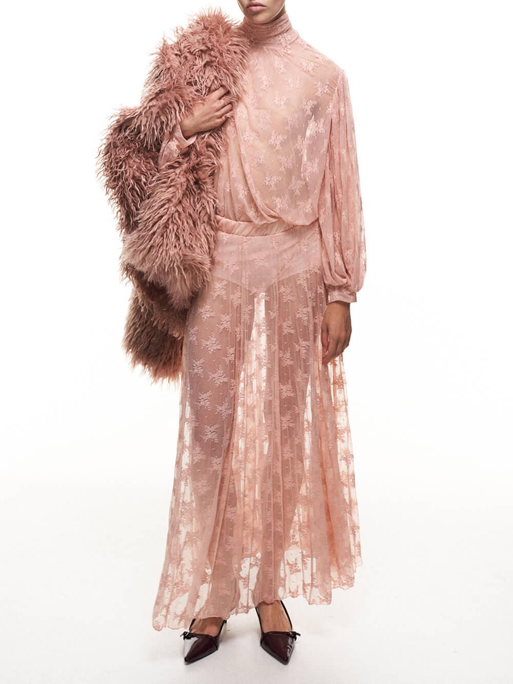 Elegant Mesh Pleated Lace Maxi Skirt