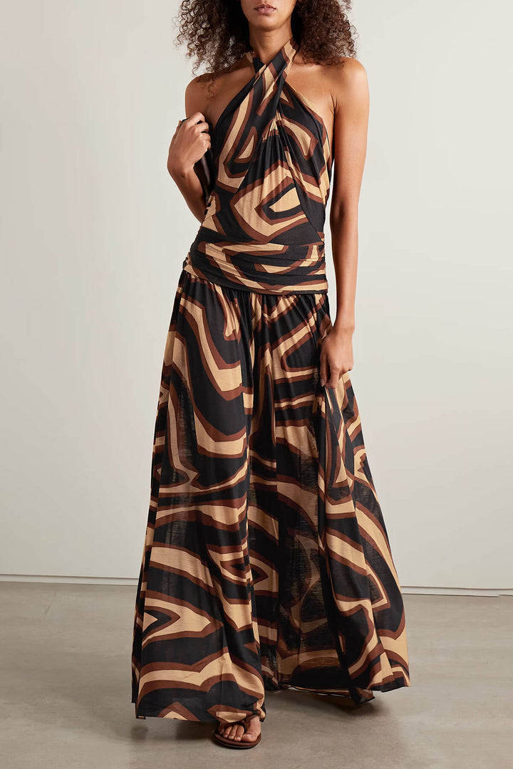Unique Zebra Print Backless Halter Tie-Up Maxi Dress