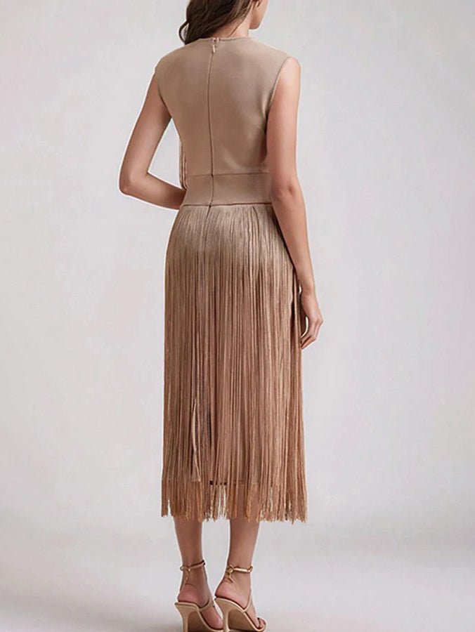 Elegant Sleeveless High Waist Slim Tassel Midi Dress