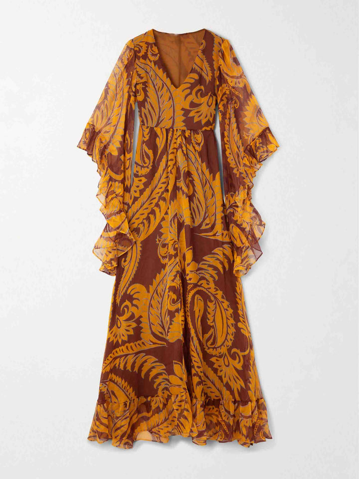 Exquisite Floral Print Chiffon Ruffle Maxi Dress