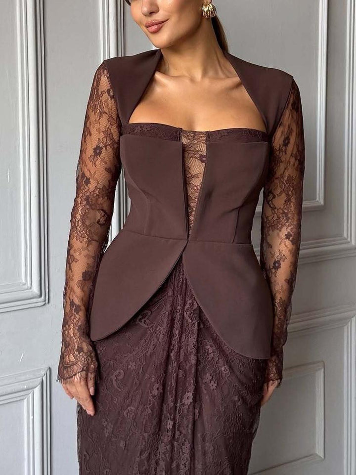 Elegant Lace Pleated Evening Gown Maxi Dress