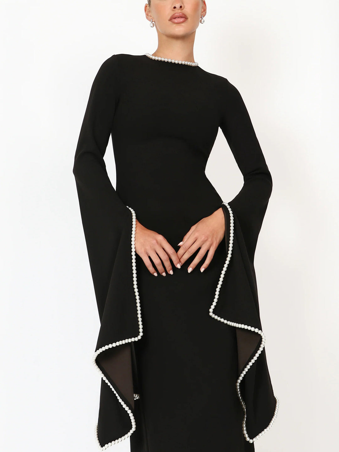 Elegant Pearl-trimmed Flared-sleeve Maxi Dress