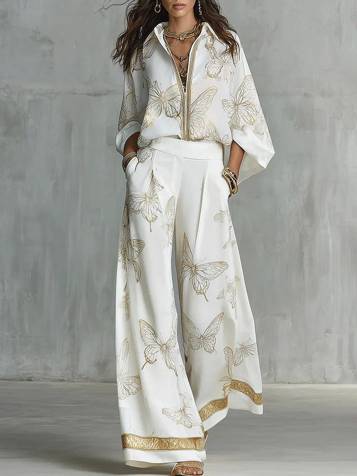 Elegant Butterfly Print Wide-Leg Pants