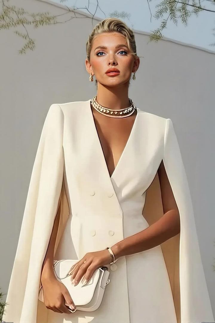 Chic Beige V-Neck Cape Sleeve Double-Breasted Blazer Mini Dress