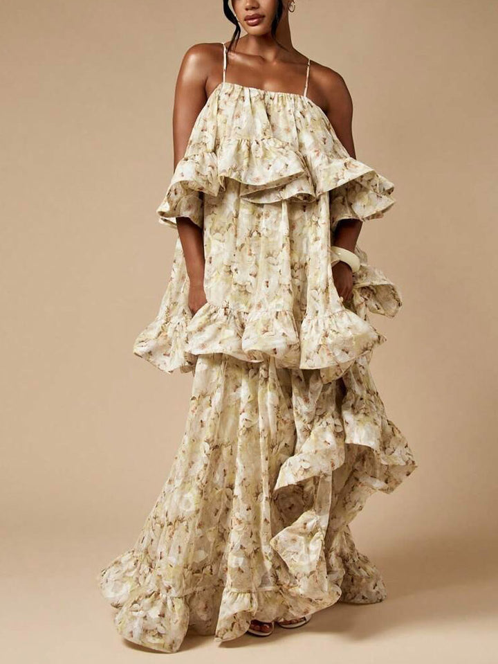 Elegant Floral Ruffled Layered Maxi Dress