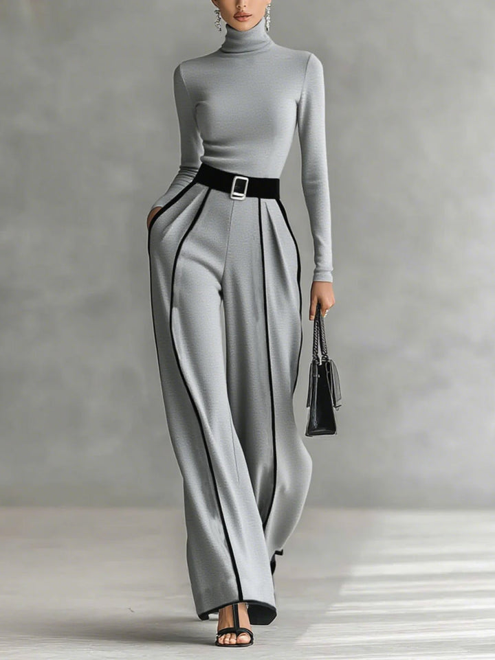 Elegant Contrast Trim High Waist Wide Leg Pants