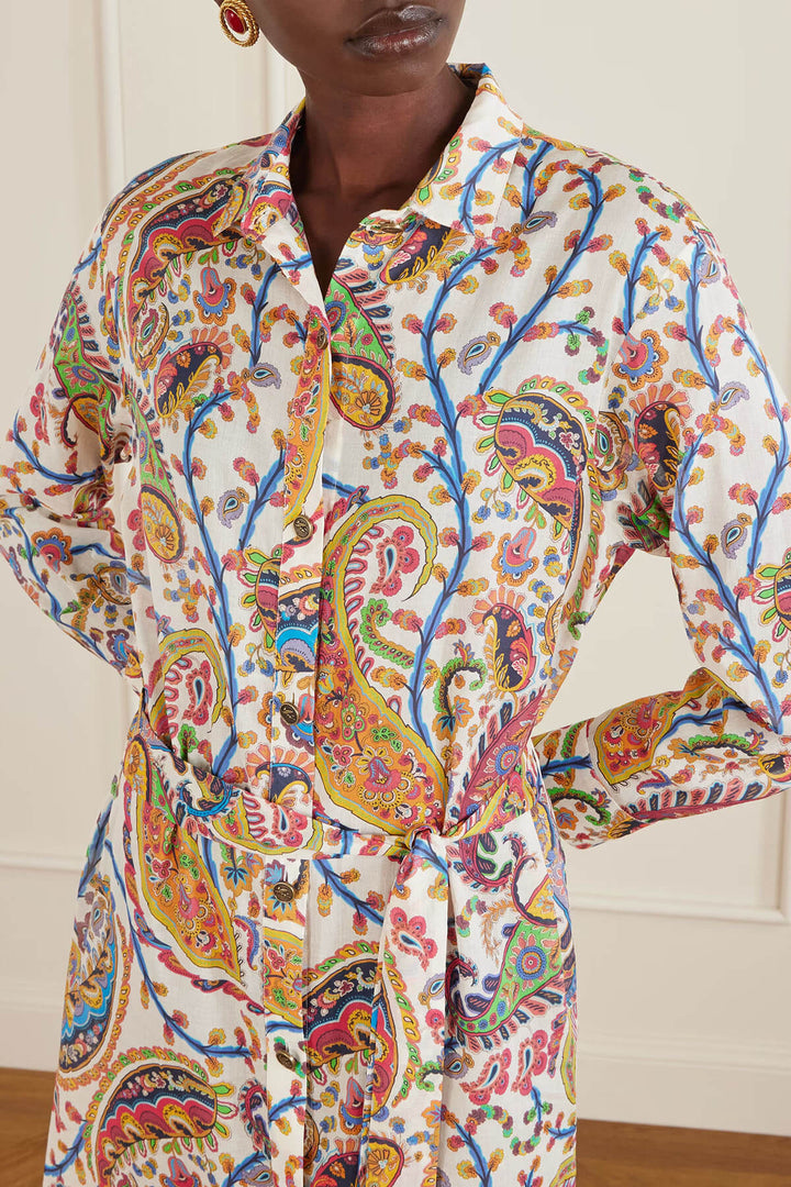 Unique Casual Tie-Waist Paisley Print Midi Shirt Dress