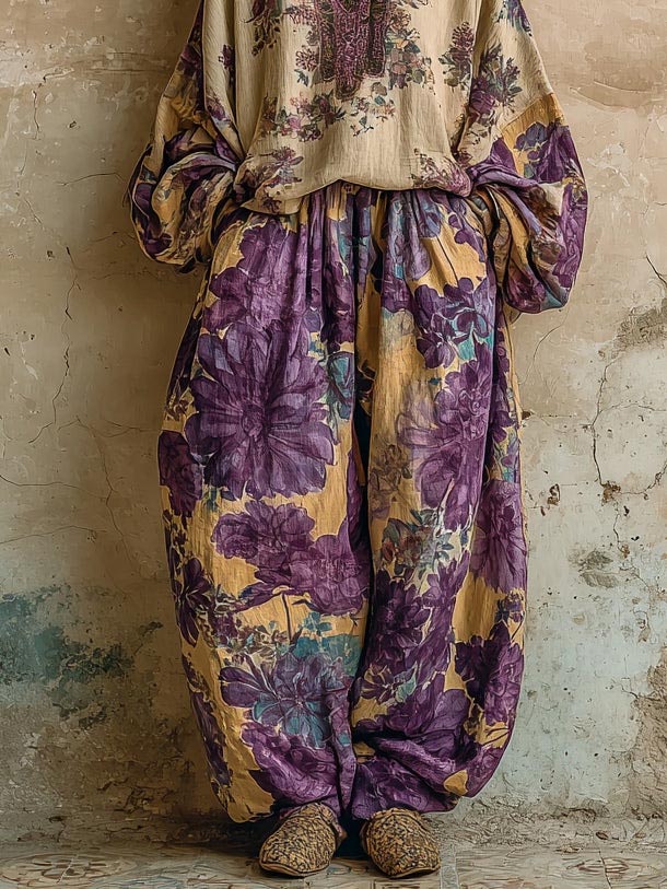 Retro Floral Print Elastic Waist Wide-Leg Pants