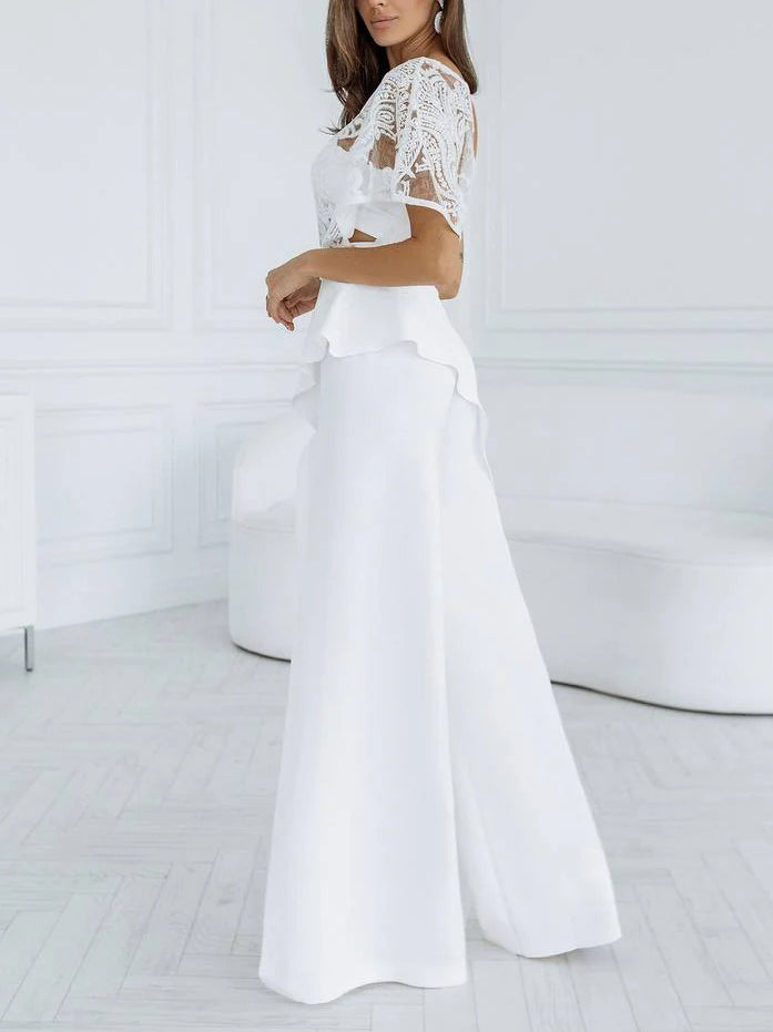 Elegant One-shoulder Lace Shawl Slit Pants Wide-leg Two-piece Set