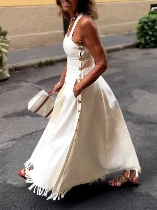 Elegant Square Neck Side Button Sleeveless Maxi Dress