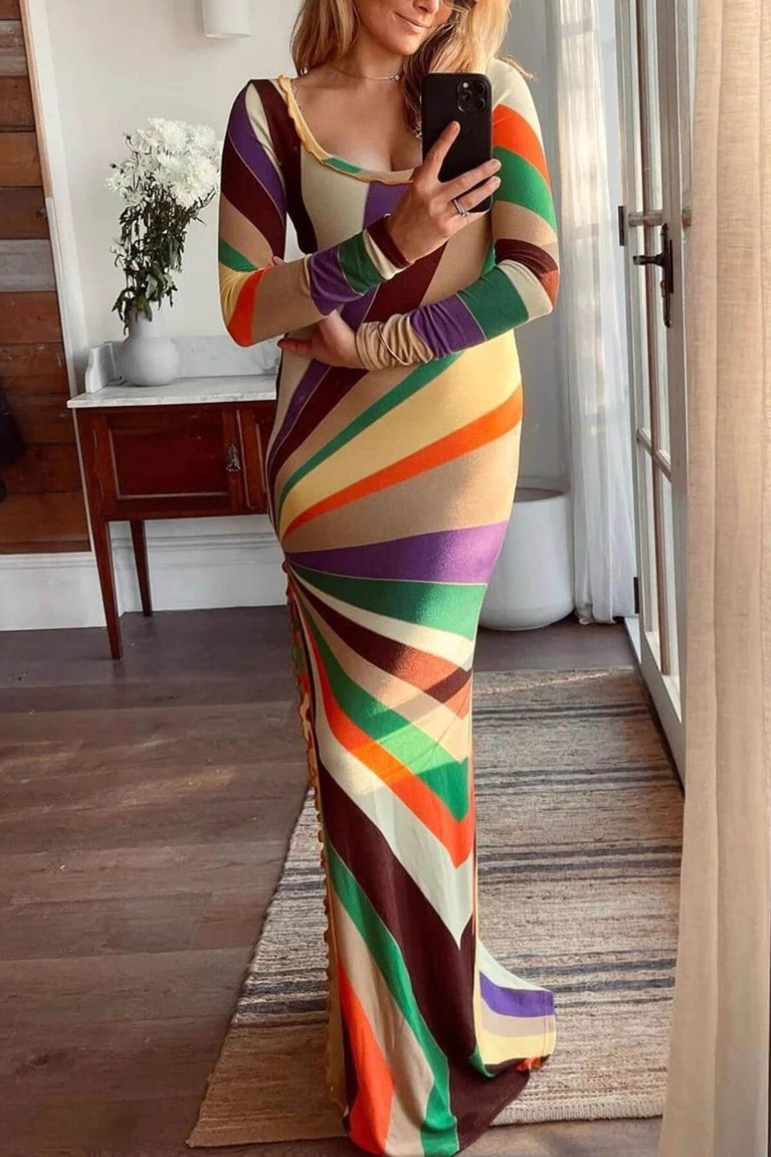 Fashion Multi-colored Long-sleeved Slim-fit Slit Maxi Dress