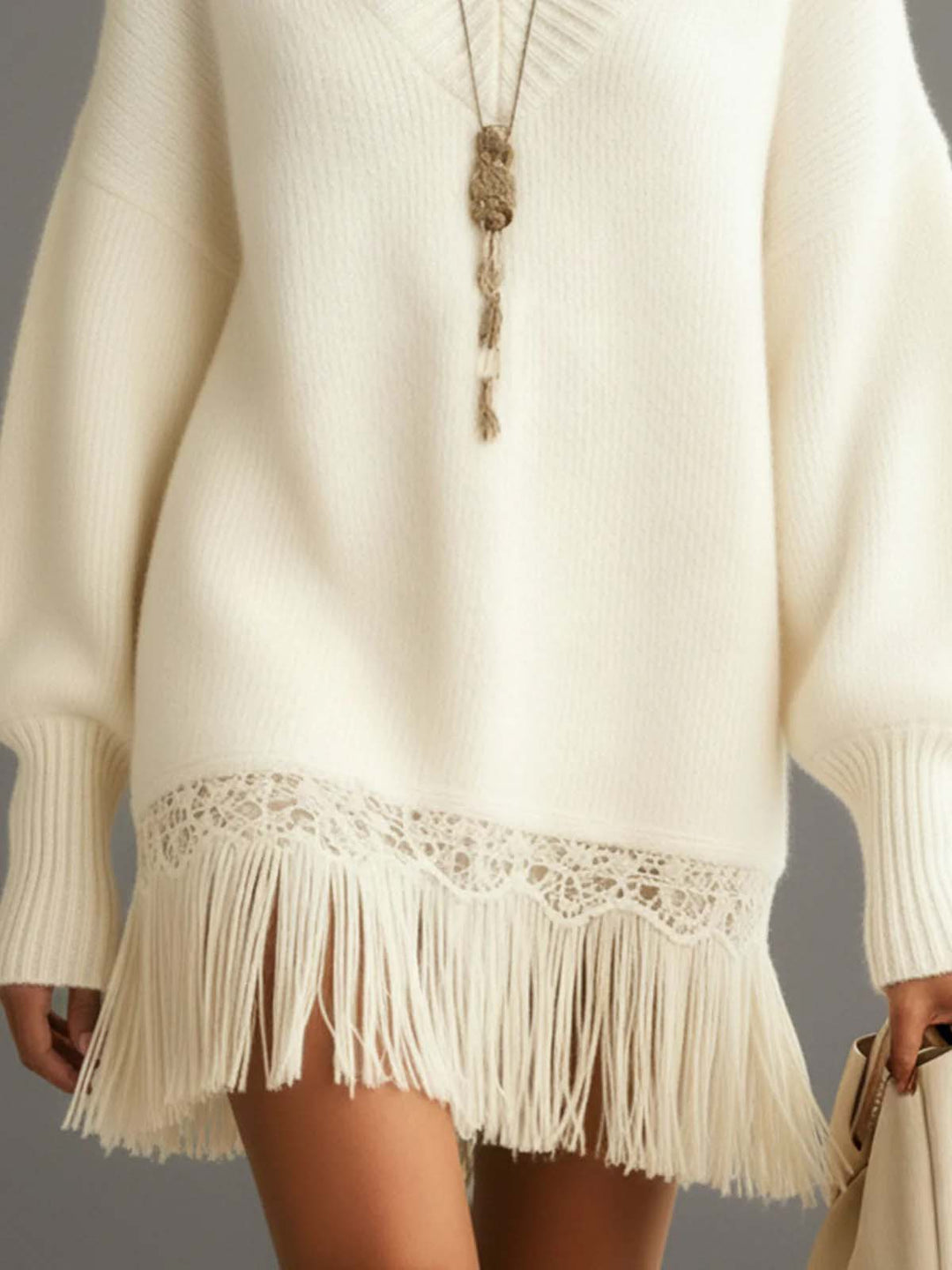 Casual Tassel V-Neck Sweater Dress