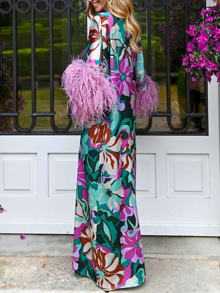 Elegant Floral Print Feather Cuff Satin Maxi Dress