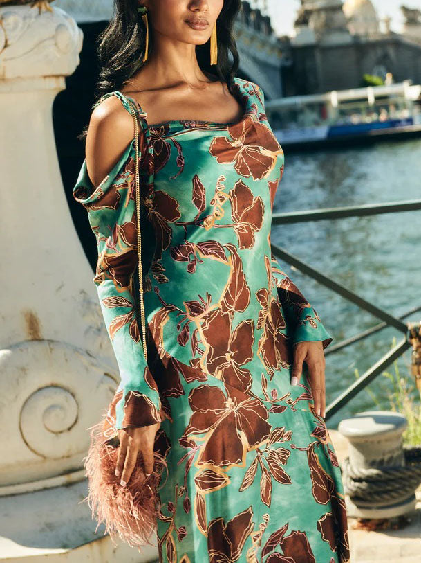 Elegant Satin Printed Bell Sleeve Maxi Dress