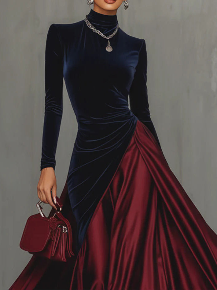 Elegant Velvet Satin Color-blocked Maxi Dress