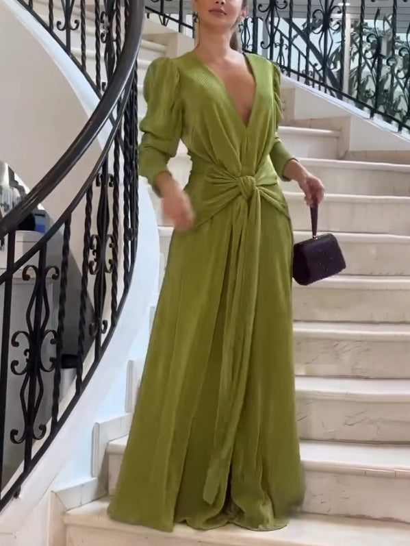 Fashionable Pleated V-neck Lace-up Jumpsuit