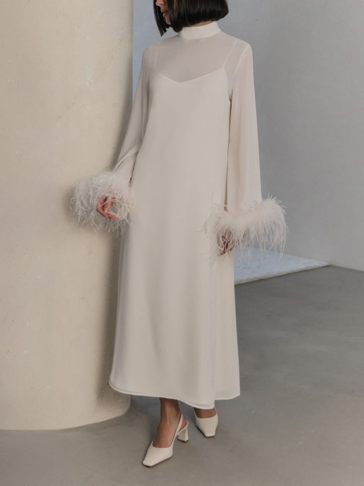 Elegant High-Neck Feather Cuff Chiffon Midi Dress