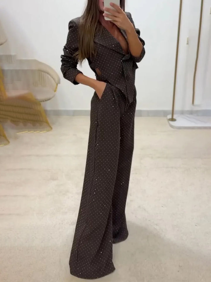 Chic Commute Lapel Asymmetric Sequin Embellished Top