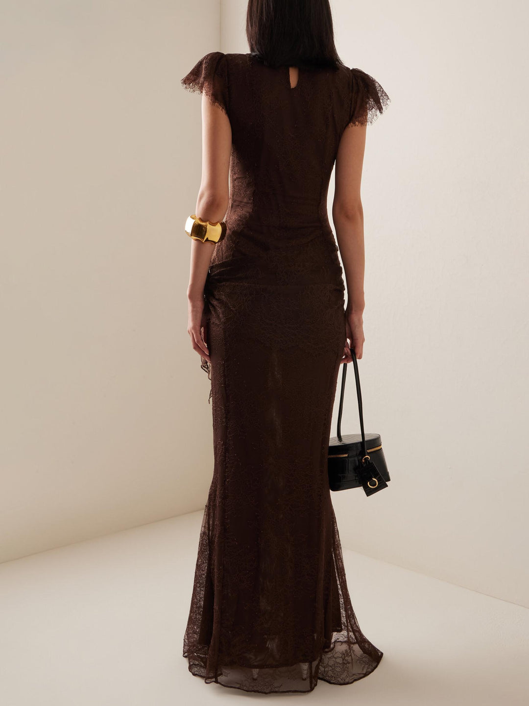 Elegant High Neck Ruffled Short Sleeve Lace Maxi Dress