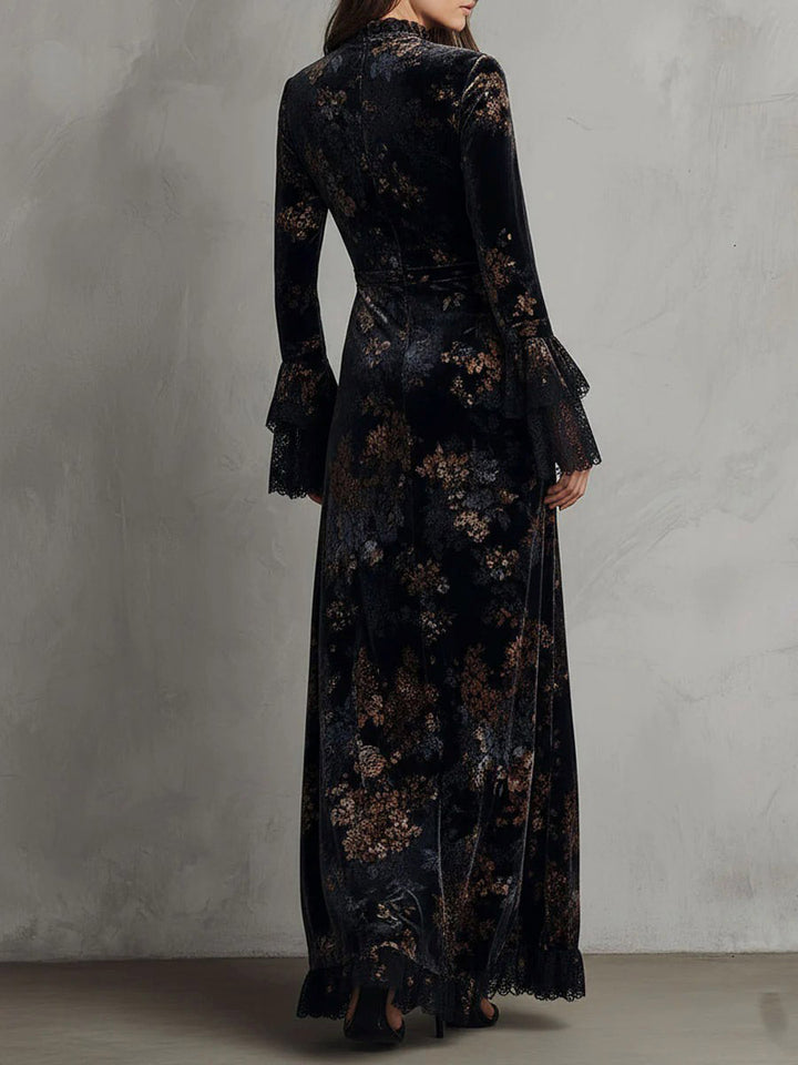 Exquisite Velvet Floral Print Pleated Maxi Dress