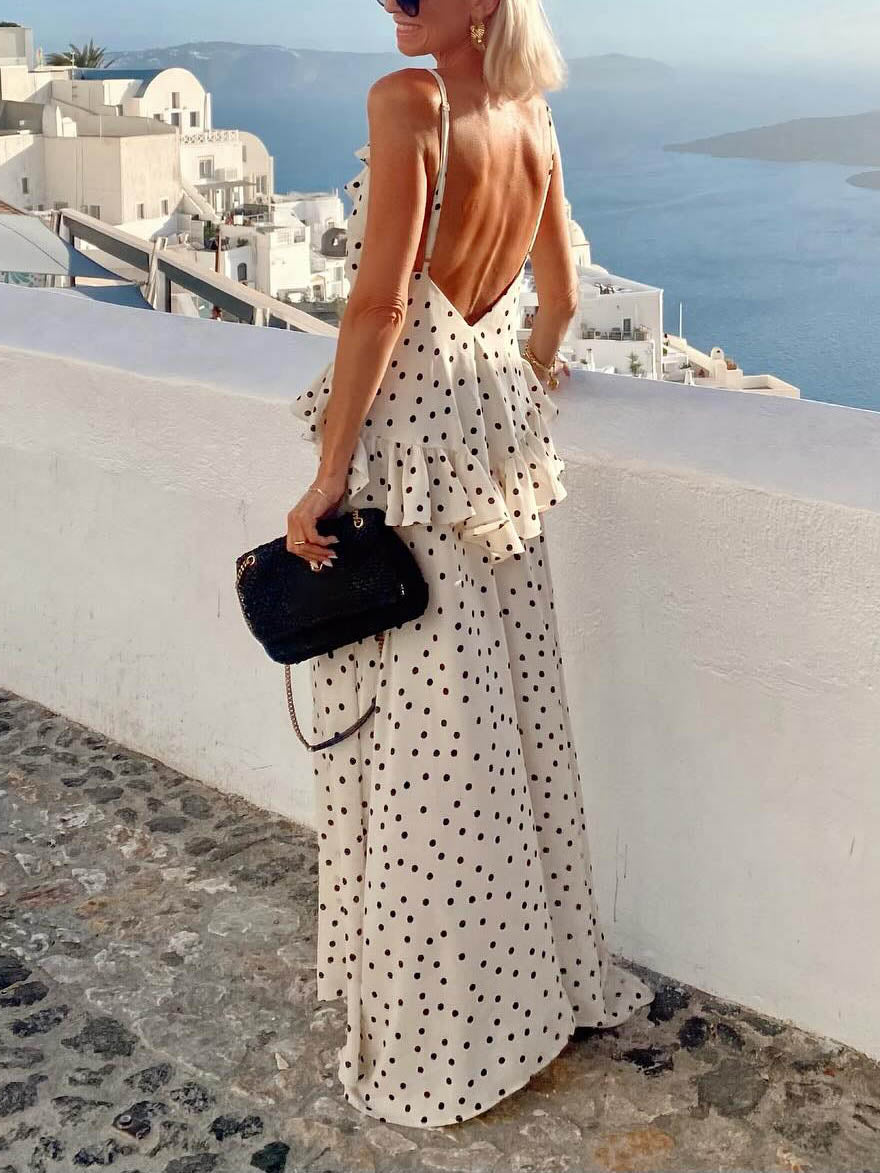 Casual V-neck Polka Dot Print Ruffled Maxi Dress