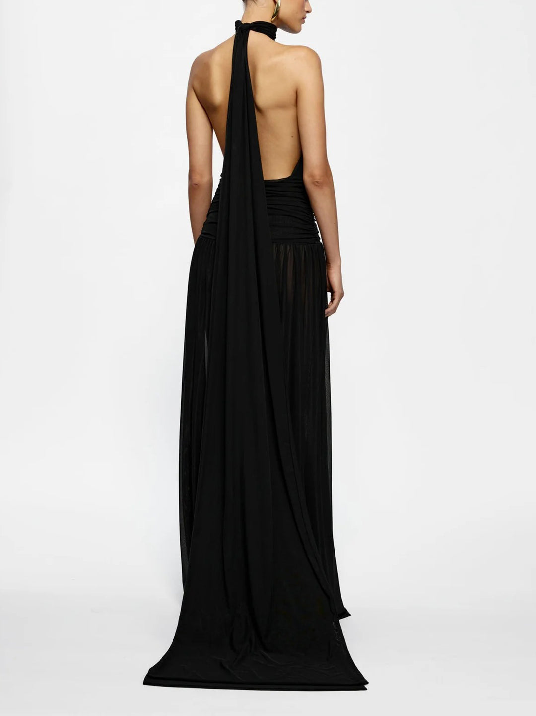 Elegant Halter Neck Ruffled Mesh Maxi Dress
