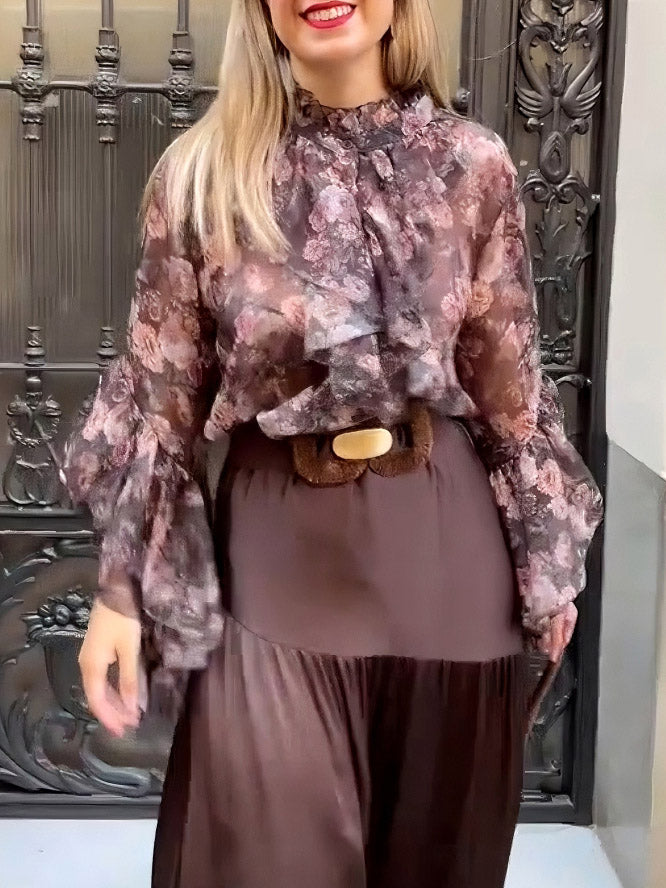 Elegant Floral Ruffled Chiffon Shirt And Skirt Two-piece Set