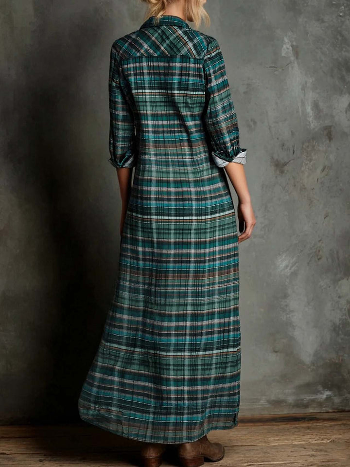 Retro Plaid Collared Single-breasted Shirt Dress