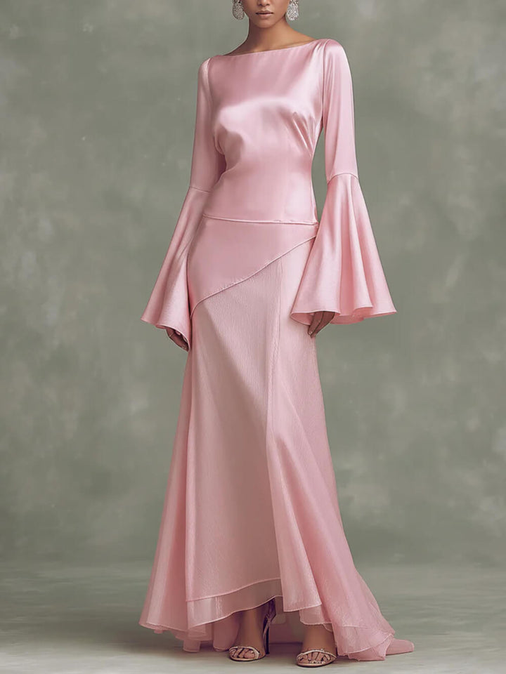 Elegant Minimalist Bell-Sleeve Satin-Panel A-Line Maxi Dress