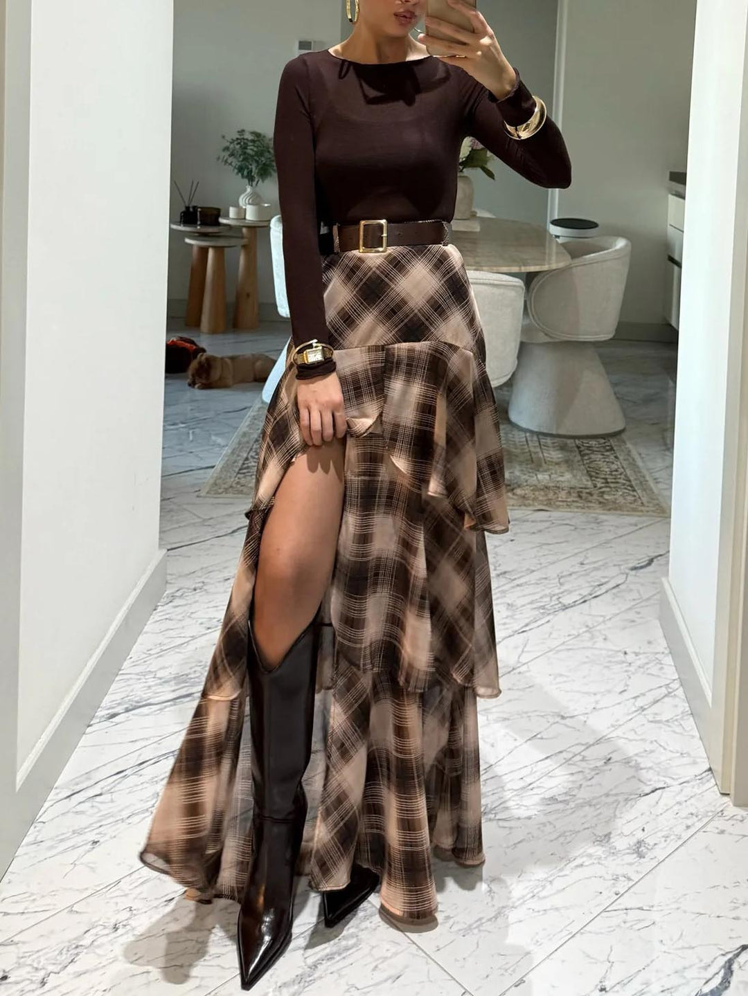 Retro Plaid Layered Ruffle Skirt Two-piece Set
