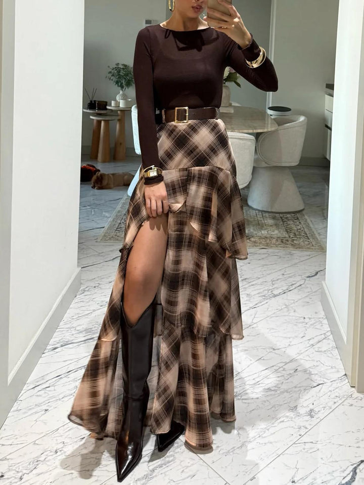 Retro Plaid Layered Ruffle Skirt Two-piece Set