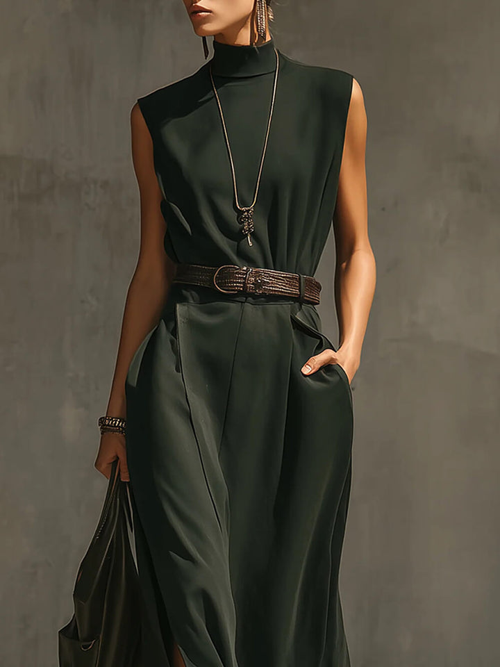 Elegant Green Woven Sleeveless High-Neck Tie-Waist Maxi Dress