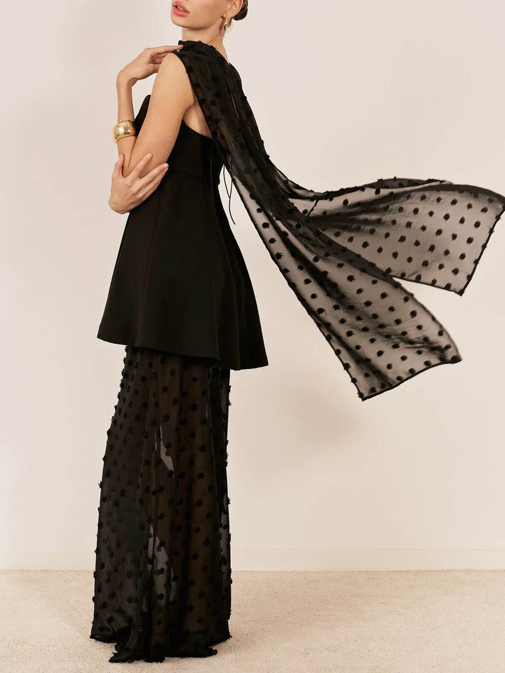Elegant Polka-Dot Mesh Cape Two-Piece Maxi Dress