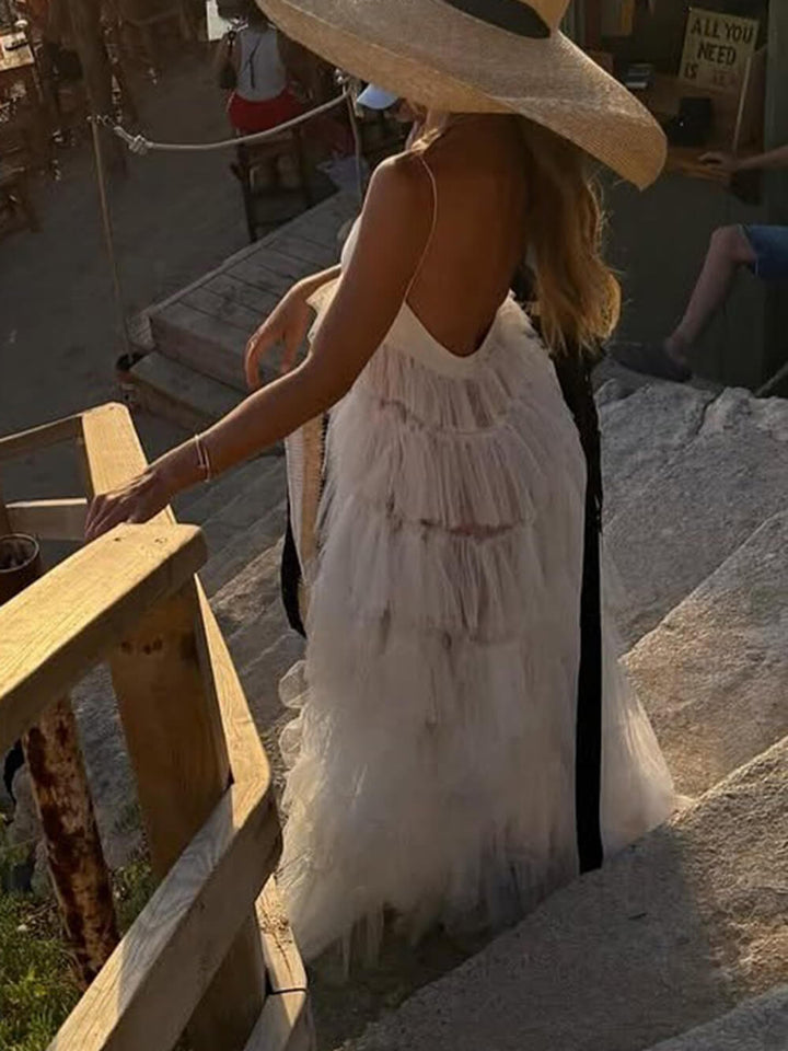 Elegant Ruched Mesh Splice A-Line Maxi Dress