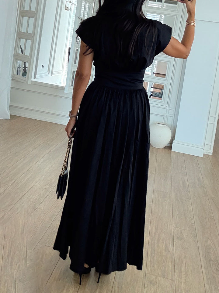 Exquisite V-neck Waist Pleated Shirt-style Maxi Dress