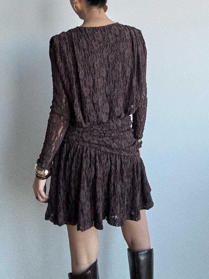 Elegant Long-sleeved Lace-textured Mini Dress